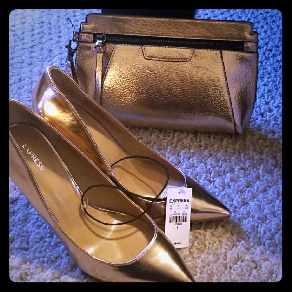 Gold shoes and matching wristlet